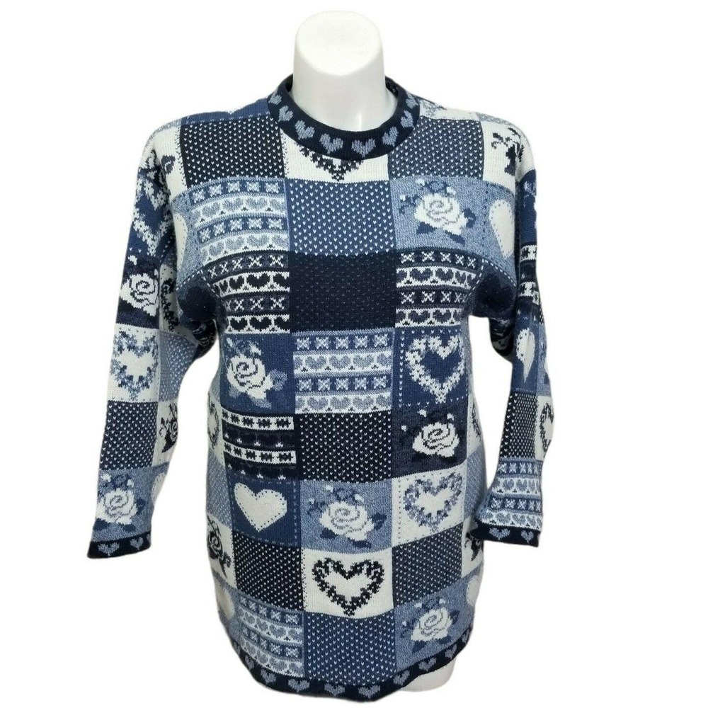 Vintage 90s Grace L Patchwork Sweater Hearts Roses Blue Knit Cottagecore Kitsch - Picture 2 of 9